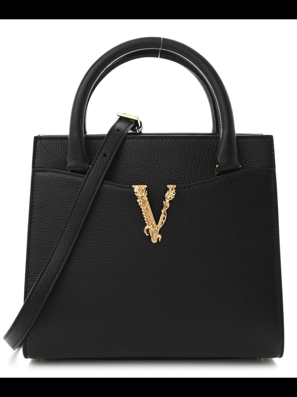 Versace V-Emblem Black Leather Top-Handle Bag